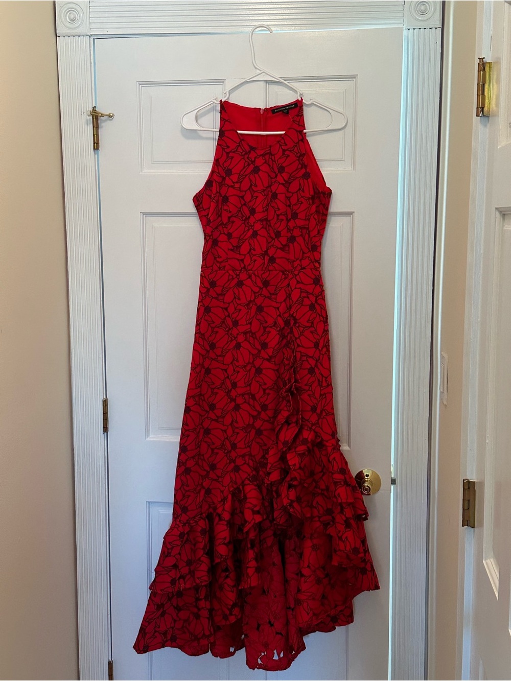 Boston Proper Red Sleeveless Floral Appliqué Dress